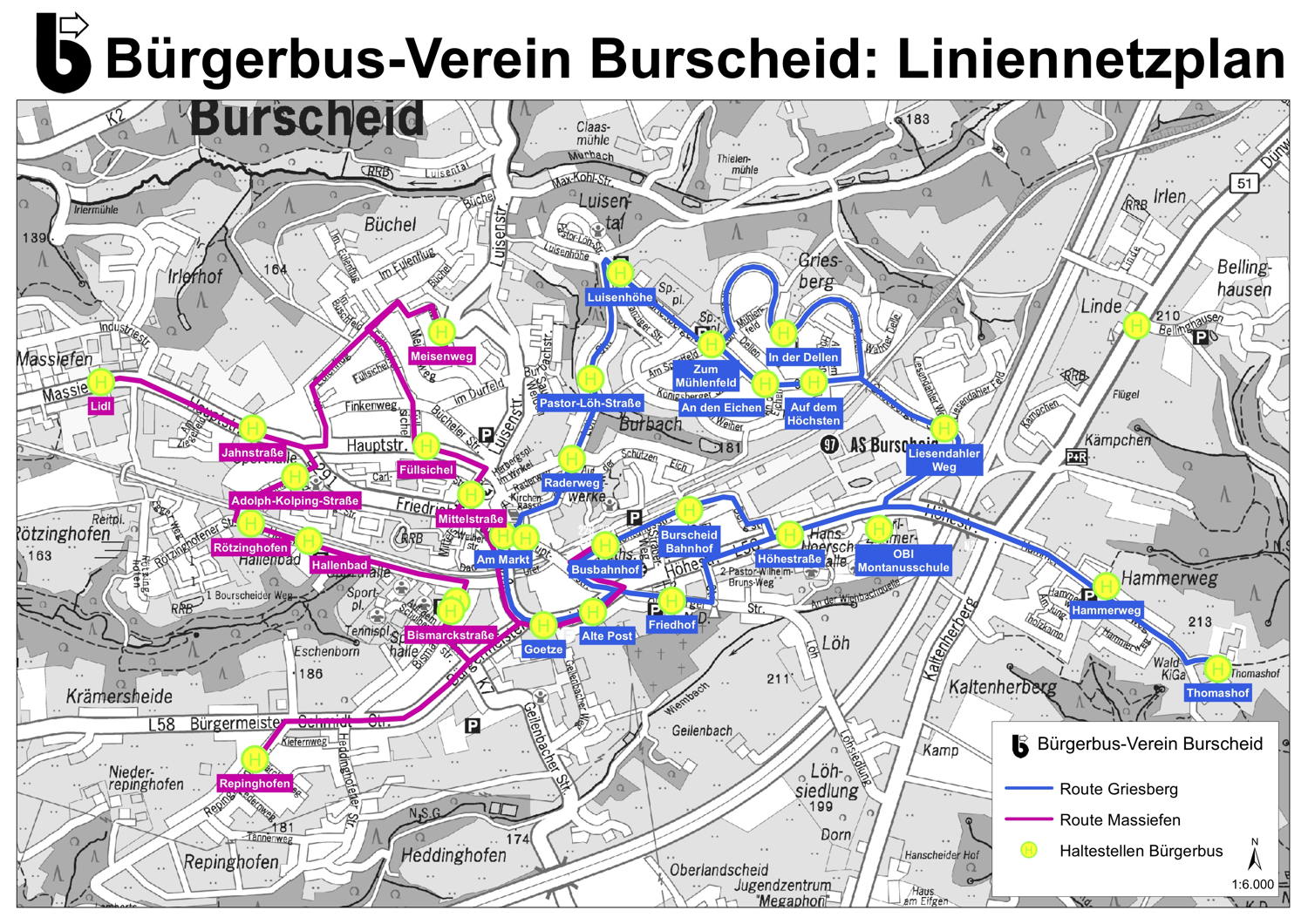 A map showing a dense network of bus stops and routes connecting more remote areas of the town with the population centres.